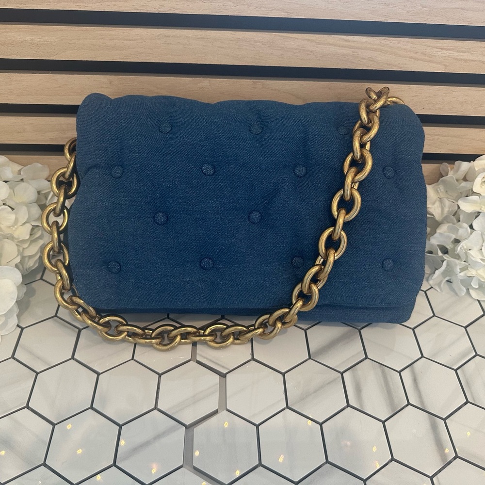 🆕 Dark Denim Handbag w Gold Chain Strap - Picture 7 of 12